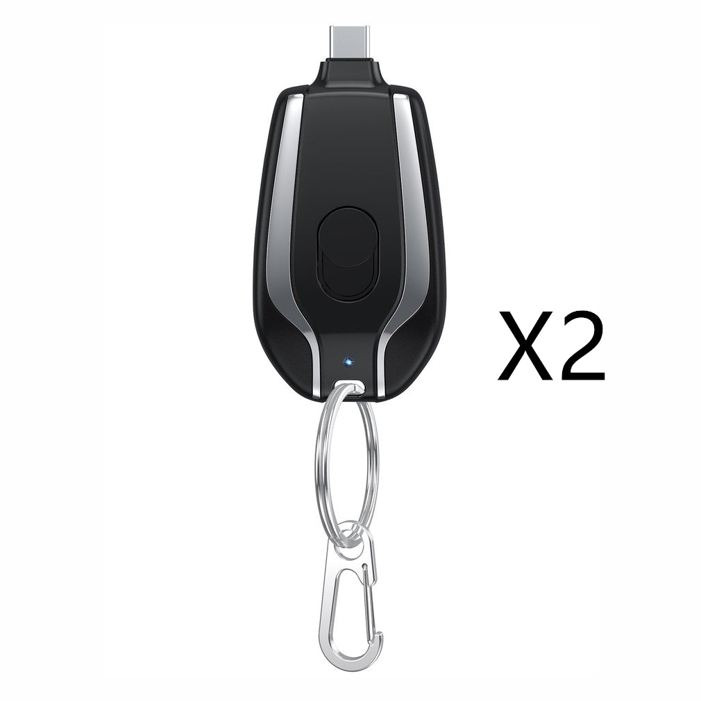Mini keychain power bank pod with charging port and metal carabiner, dark black case
