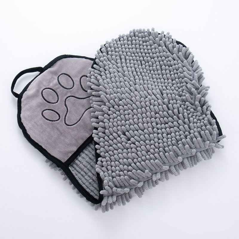 Grey microfiber pet drying towel mitt with paw-print emblem and black trim