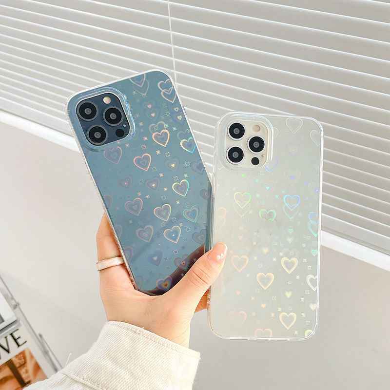Light blue and translucent silicone phone cases with multicolor heart icons and camera cutouts
