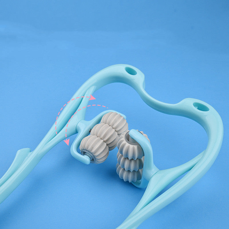 Teal neck massage roller tool with ribbed wheel discs, shown at angle