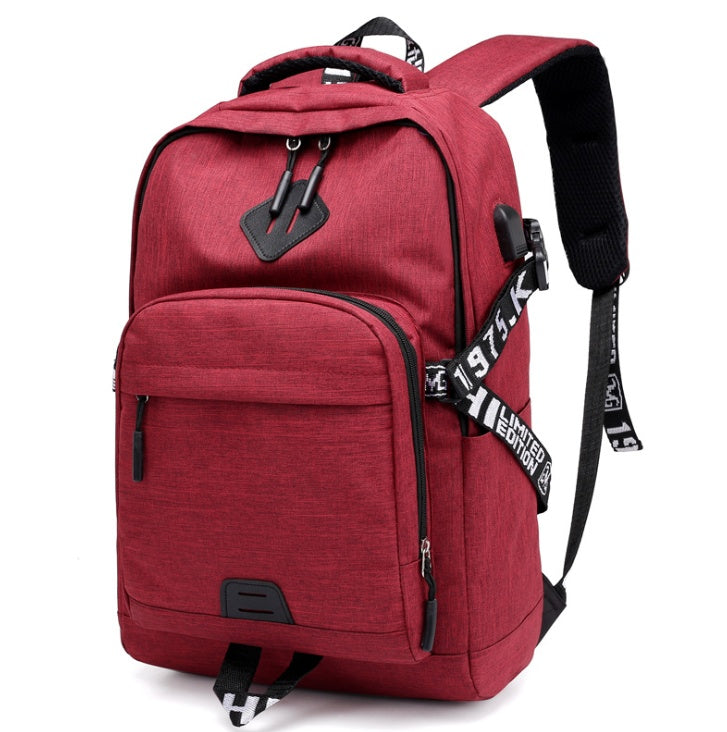 Red USB laptop backpack from the front with side straps and front zip pocket