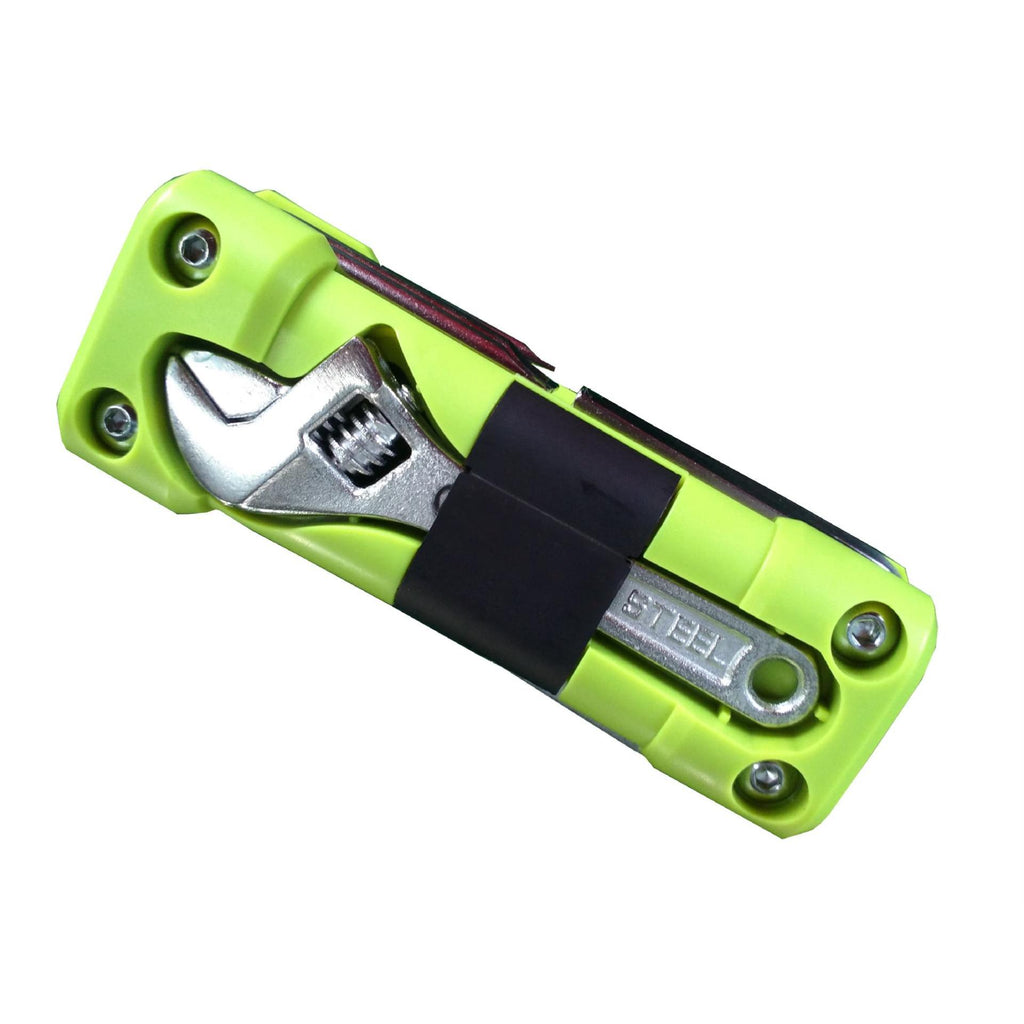 Green portable tool set with wrench, screwdriver bit holder, and metal rods