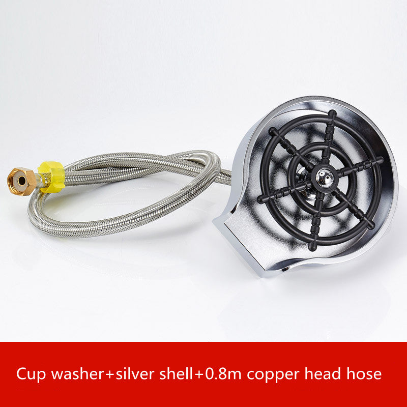 Cup washer sprayer head with black nozzle wheel and braided hose with brass connector