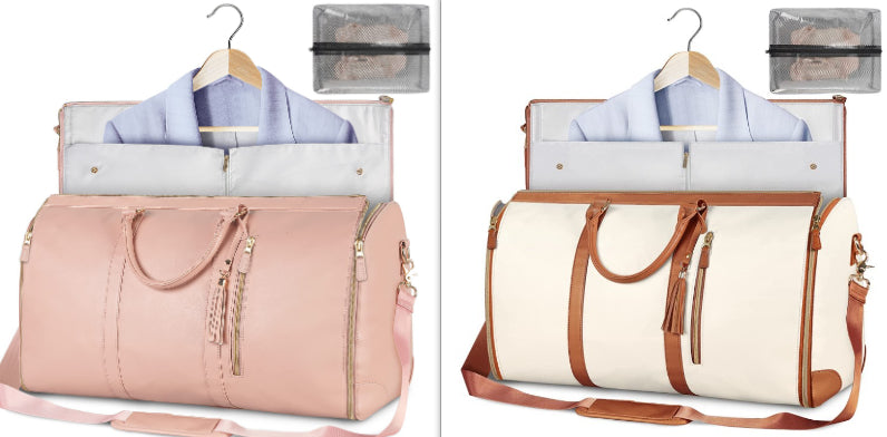 Pair of travel duffle bags: pink and light with brown trim, open garment organizers, shoulder straps