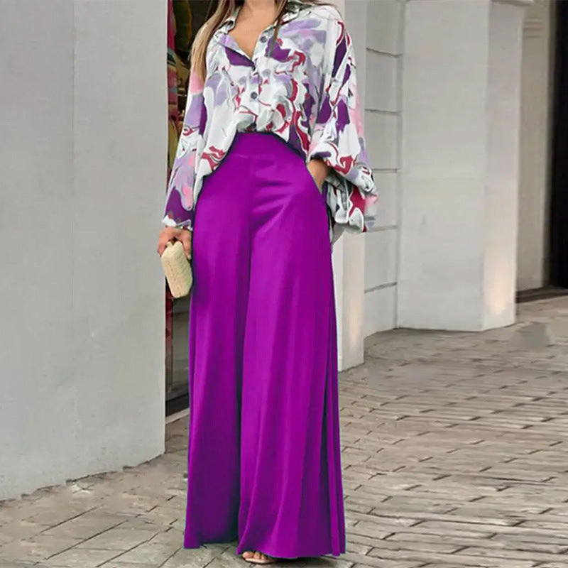 Printed shirt top and wide-leg pants set, multicolor print, purple wide-leg pants