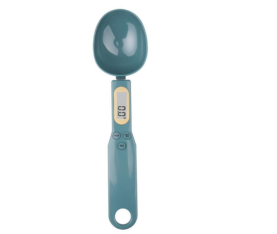 Kitchen measuring spoon scale, teal handle with LCD display and weighing bowl