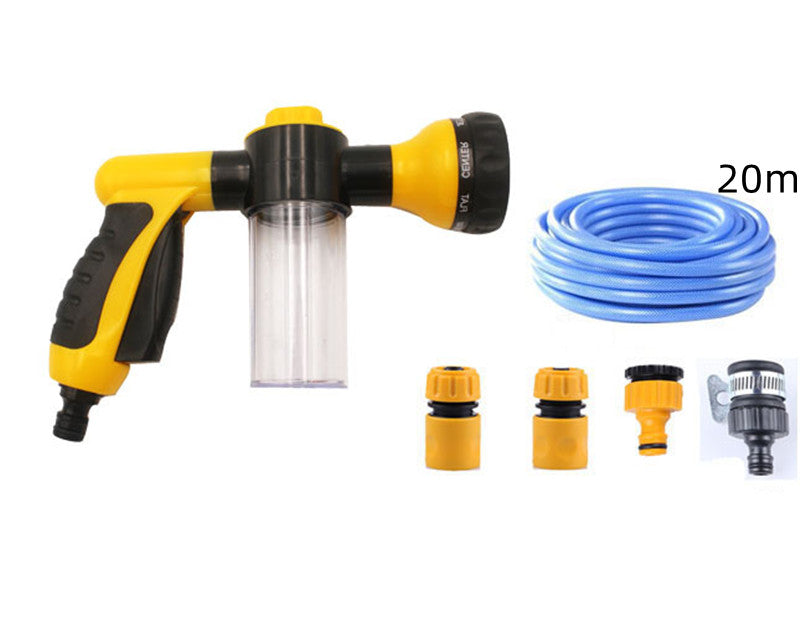 Yellow foam spray gun with clear bottle, blue hose coil, and four included yellow/gray parts