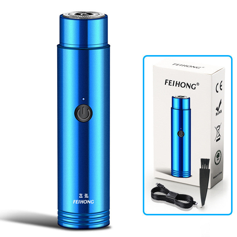 Blue portable electric mini shaver with LED indicator and round foil shaving head.
