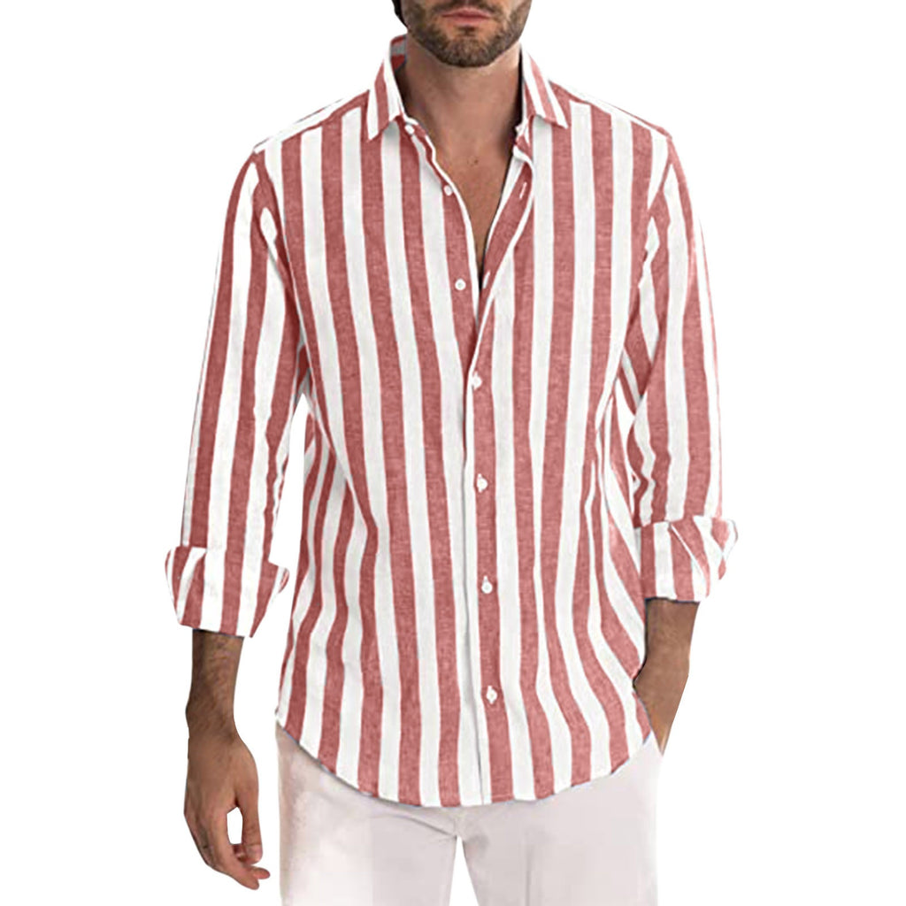 Men striped button-up shirt, long sleeve, red/white vertical stripes, open collar