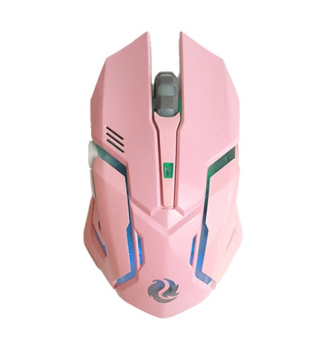 Wireless gaming mouse, pink rear view with blue edge lighting and vent detail