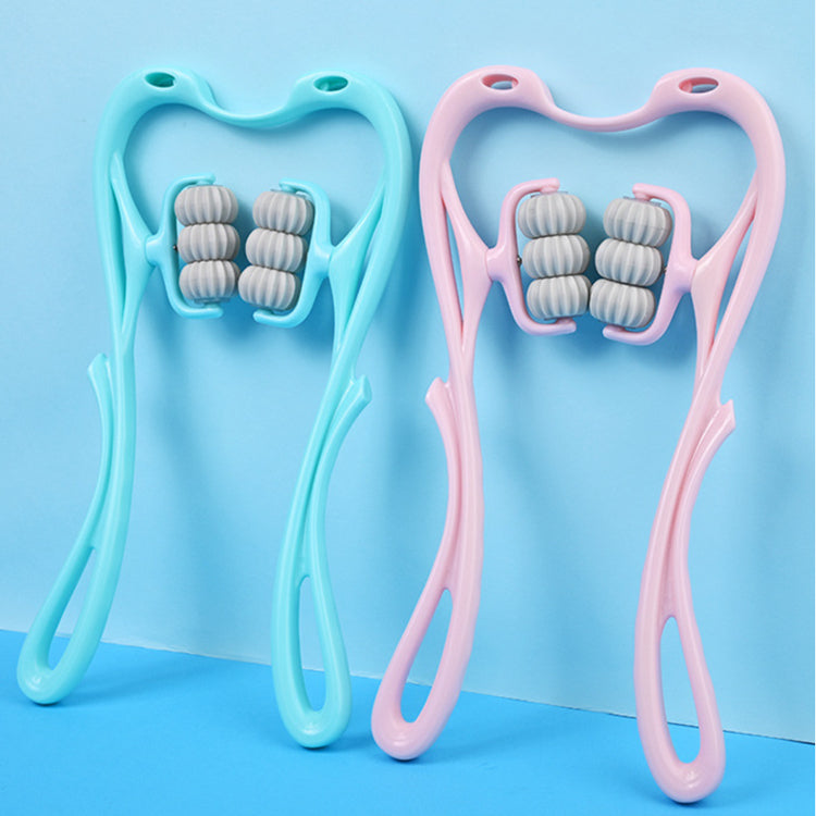 Set of neck massage roller tools: teal and pink frames with ribbed wheel rollers