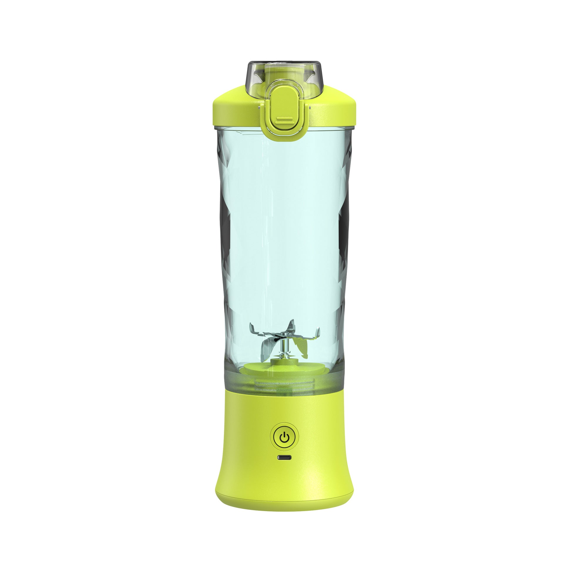 Portable blender juicer, clear cup with lime green base and lime lid
