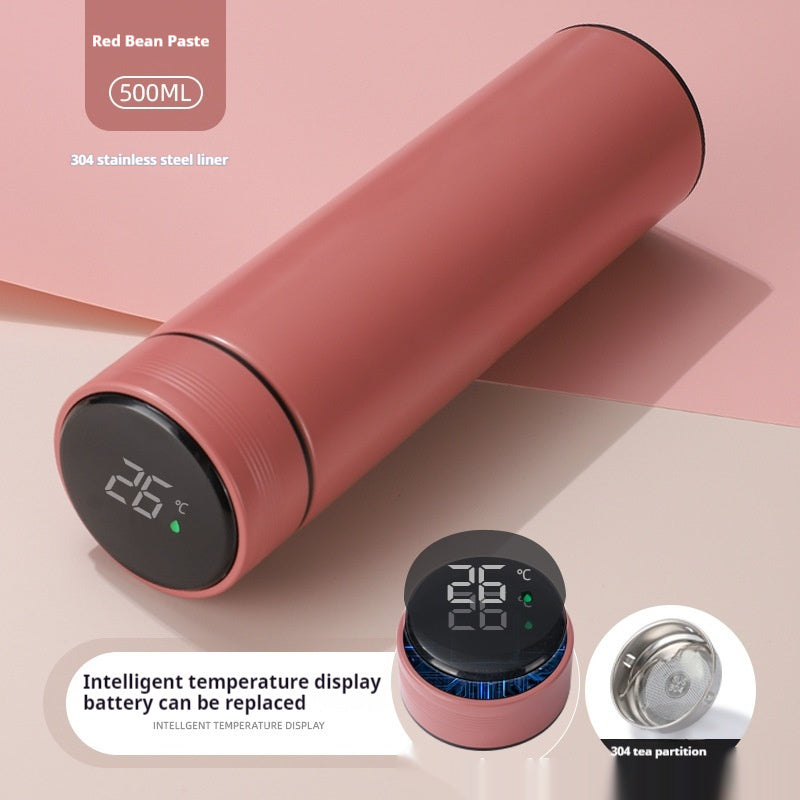 Coral red insulated bottle with round smart temperature display and black end cap