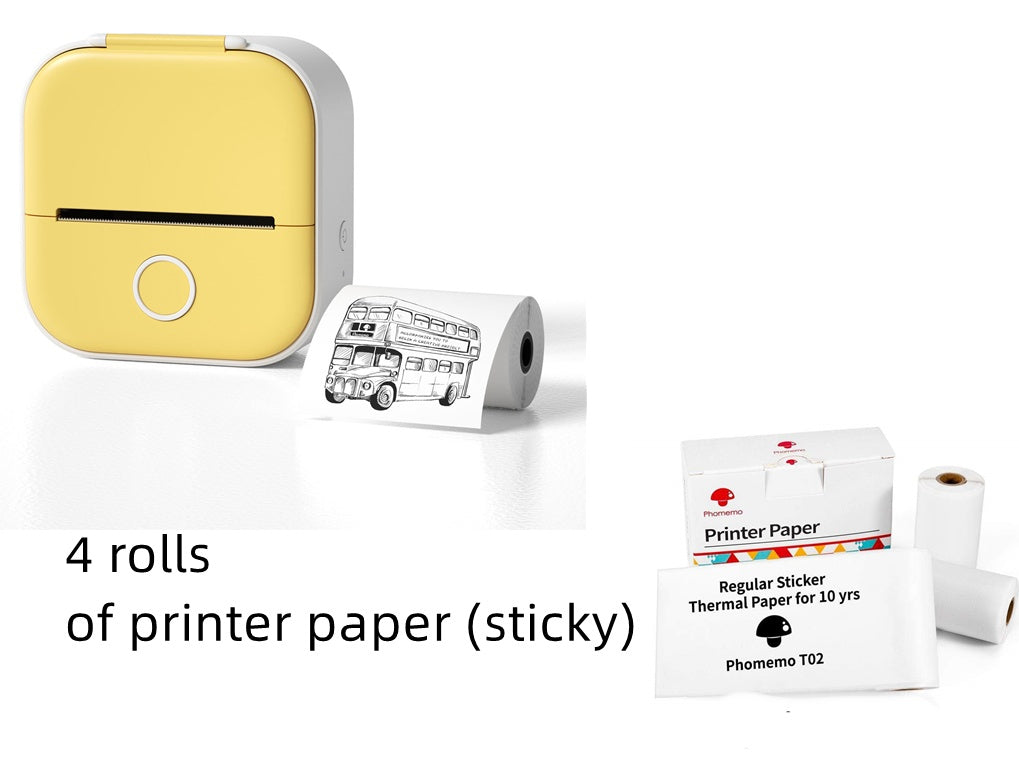 Portable mini thermal label printer with yellow body and 4 rolls of sticky thermal paper