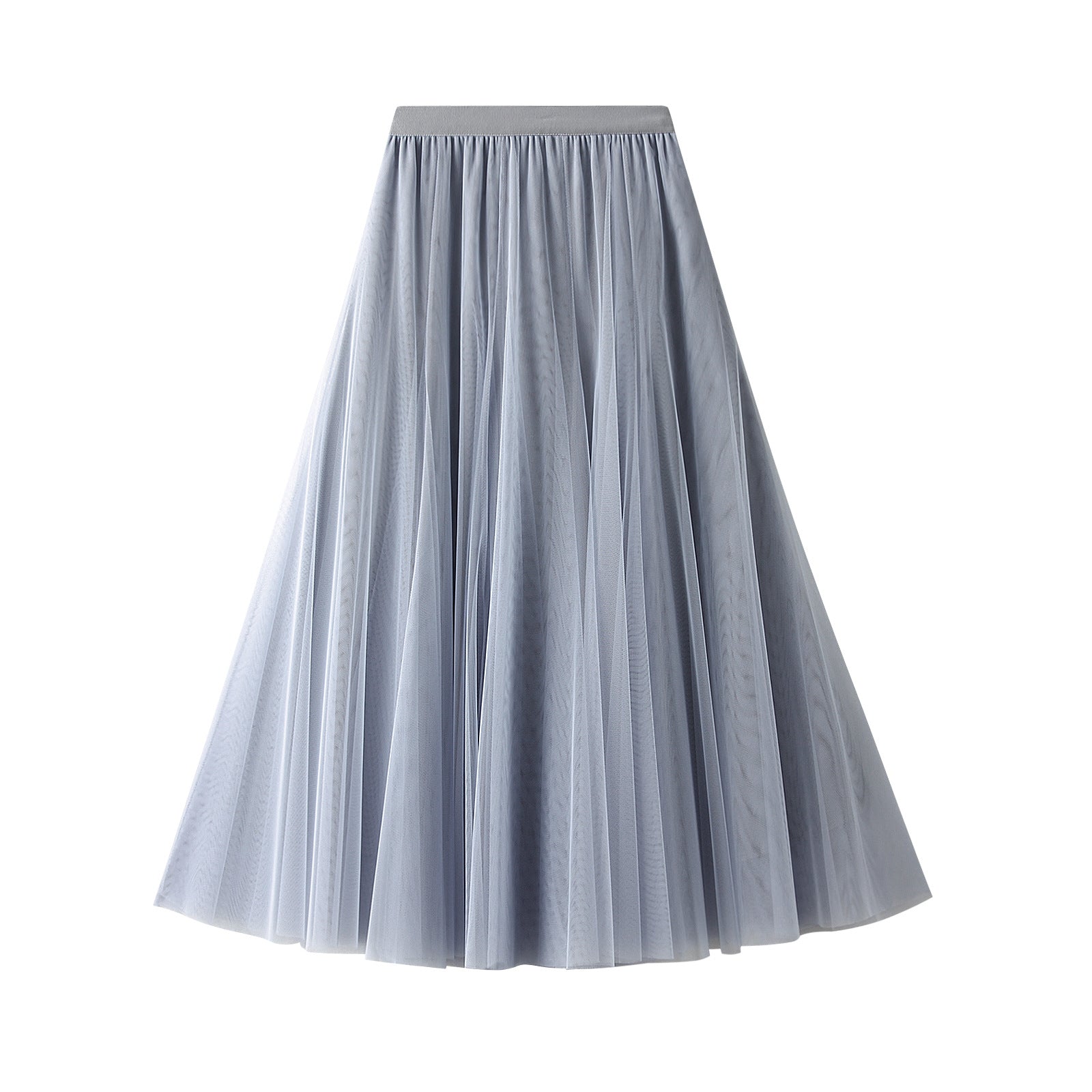 Light blue-gray tulle pleated skirt, high elastic waistband, mid-length flare