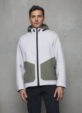 Assault suit jacket with white hooded front, green chest panels, black cuffs