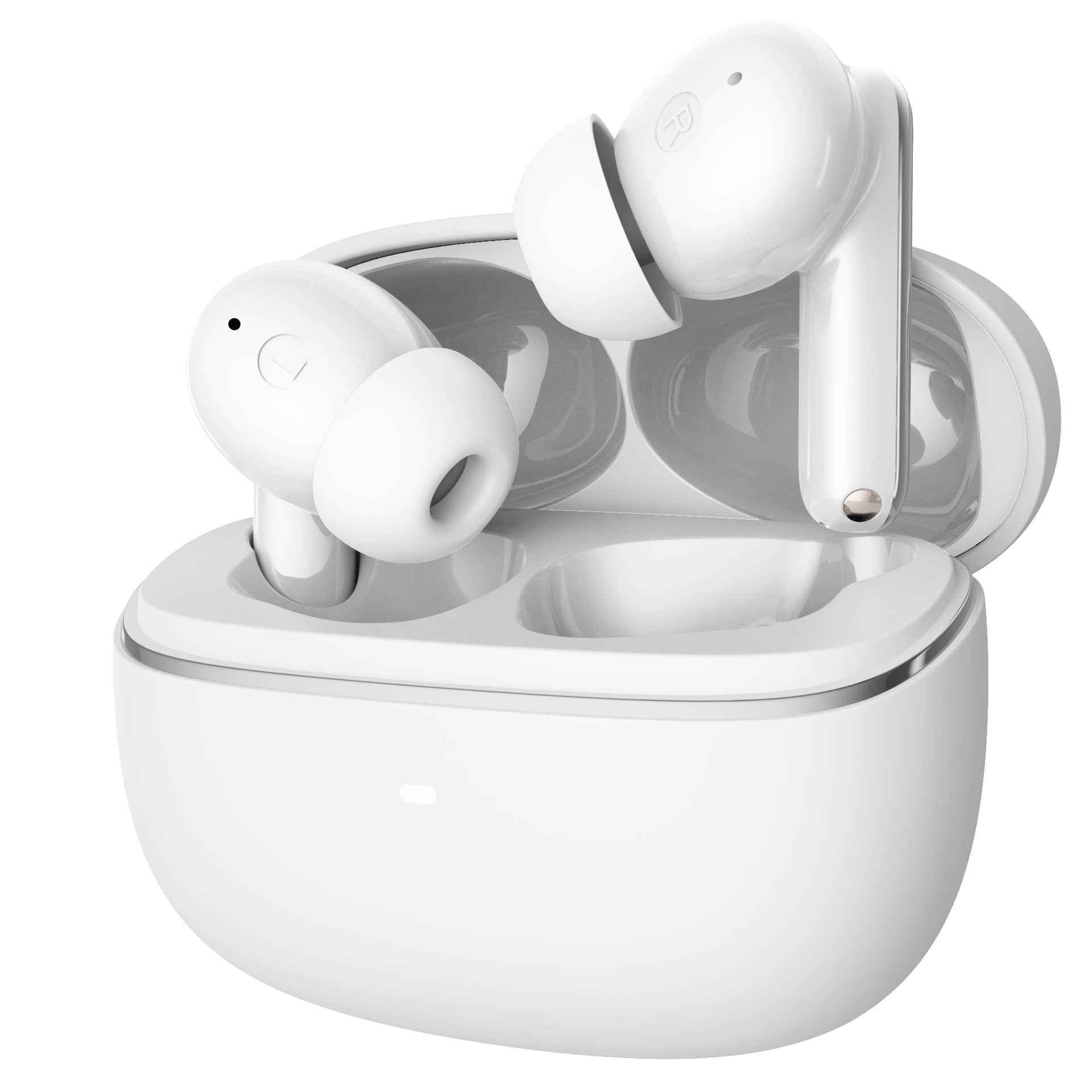 White wireless in-ear headphones with open charging case, stem and earbuds visible