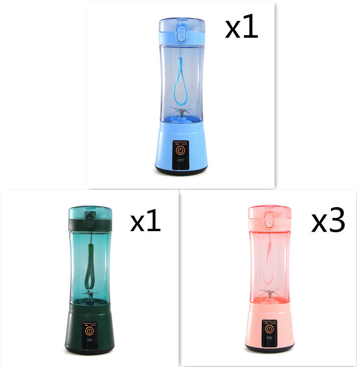 Portable electric fruit juicer blender with clear cup and light blue, teal, pink bases