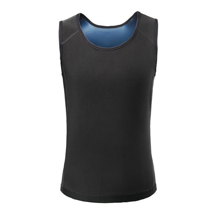 Black corset-style sweat vest with blue lining at neckline