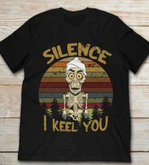Men's black round-neck T-shirt with skeleton graphic print
