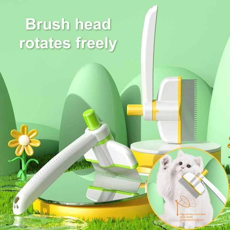 Pet self-cleaning grooming comb brush with rotating head, white handle and yellow-green pins