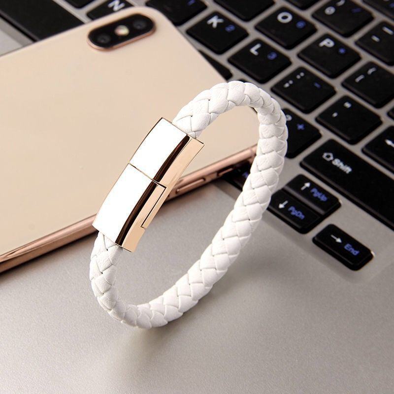 White braided charging bracelet cable with gold-tone metal clasp