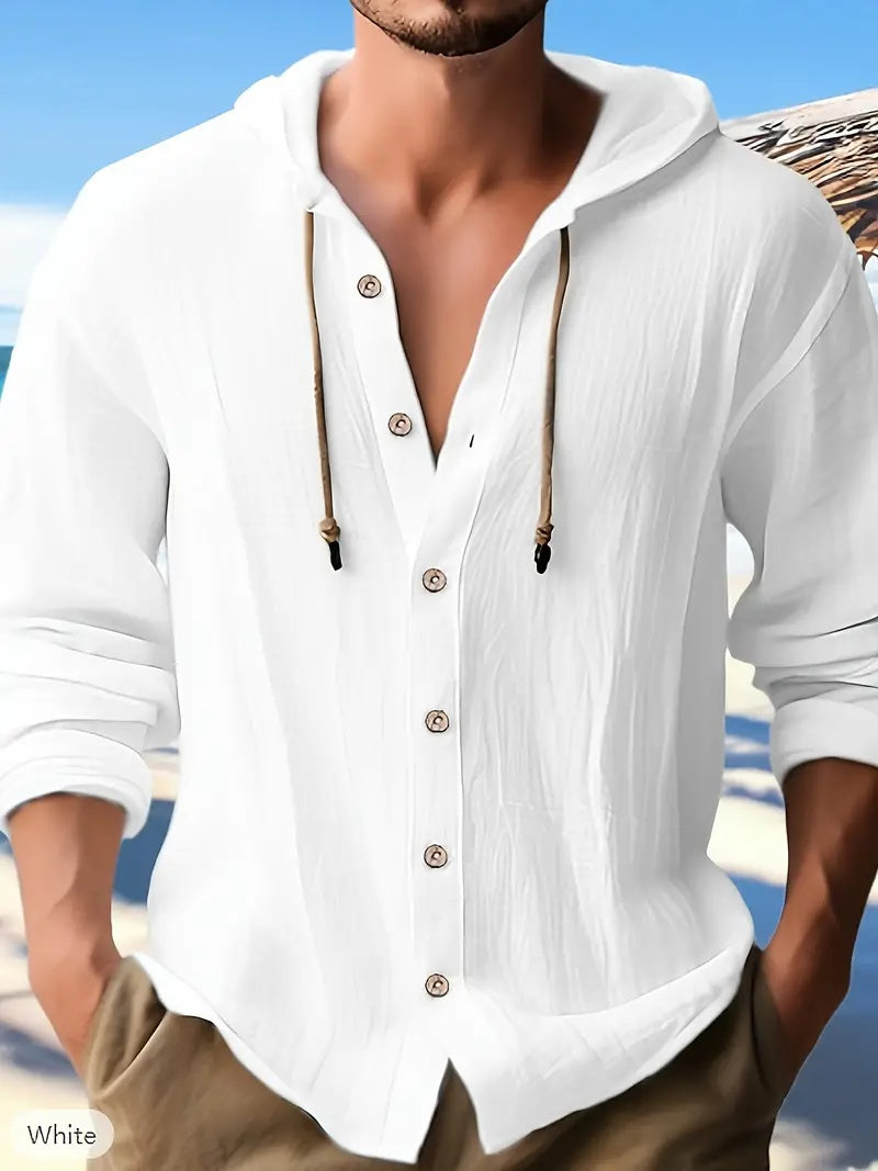 White hooded button-down lightweight long-sleeve top with front buttons and drawstring ties