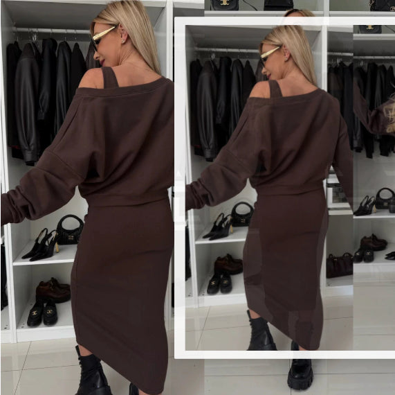 Women’s two-piece set: chocolate brown long-sleeve V-neck top and midi dress