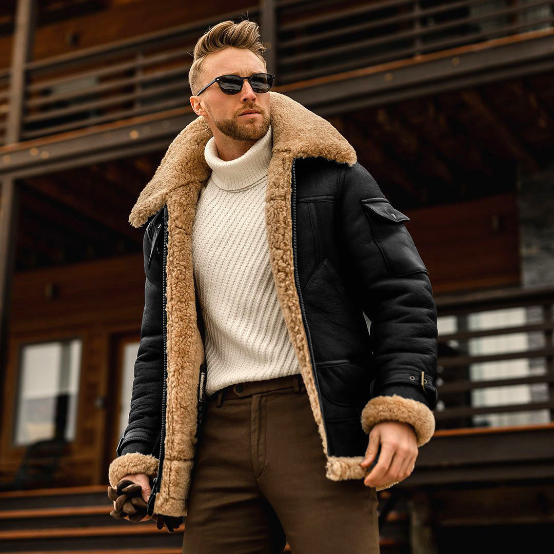 Men's winter jacket with fur-lined cuffs, dark coat, zip closure and stand collar