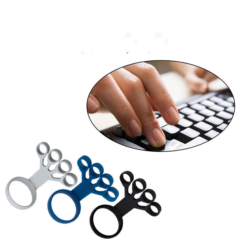 Silicone finger exercise stretcher set, blue and black, with four finger loops