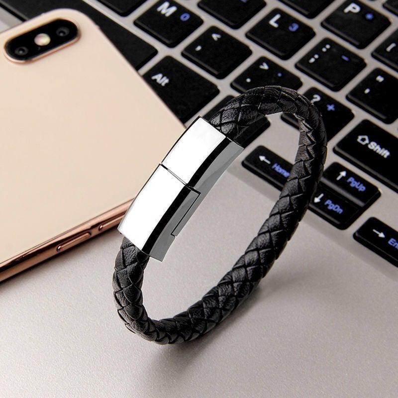Black braided charging cable bracelet with silver metal USB connector