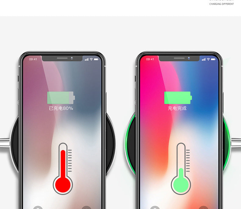 Black wireless charger pad with phone charge indicator on screen