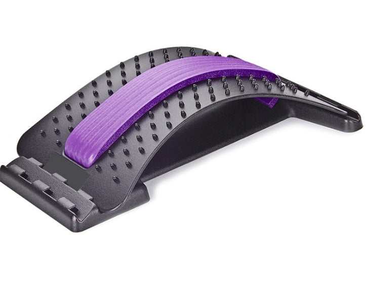 Black lumbar traction brace with purple traction strap and curved support bar.