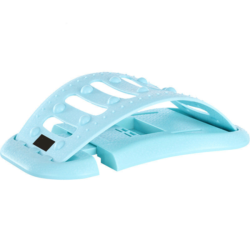 Lumbar traction therapy back brace with light blue molded outer shell and support pads