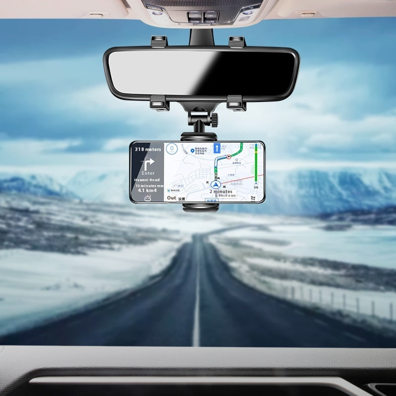 Clip-on rearview mirror phone navigation bracket with smartphone showing route map