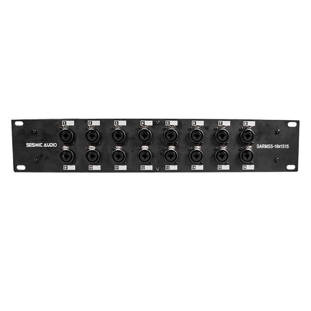 Rackmount splitter snake stage box with multiple XLR/TRS jacks on a black panel