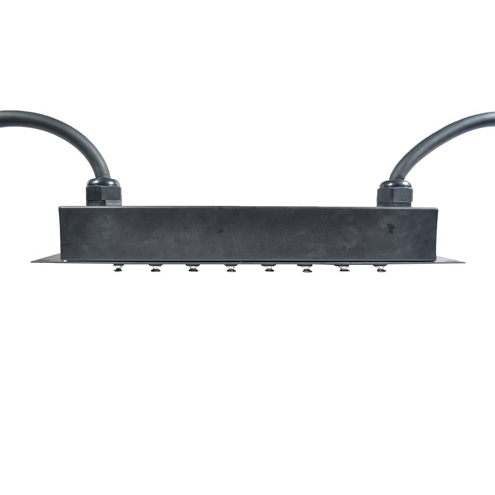 Splitter snake stage box with cable trunk ends and a mounting-ready black housing