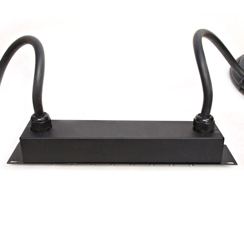 Black rack-mount audio splitter snake panel with two cable handles