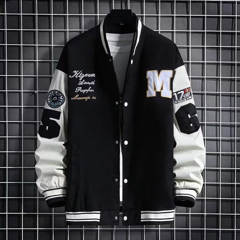 Men's black varsity-style jacket with button front, 'M' chest patch, and striped cuffs