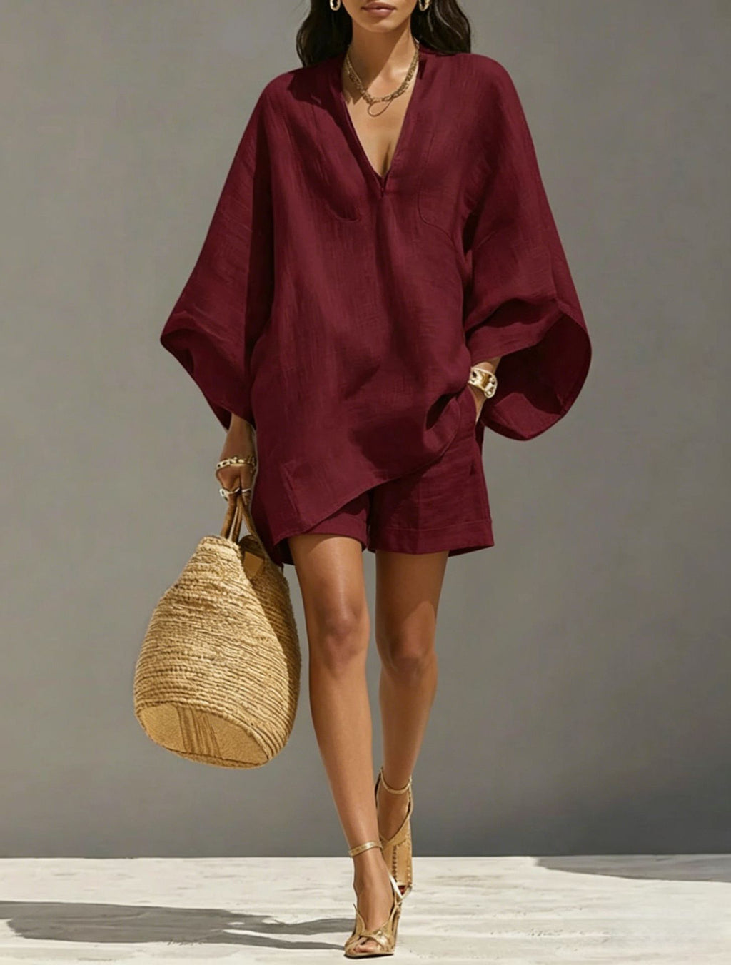 Wine red V-neck batwing-sleeve loose-fit set with matching shorts, full body