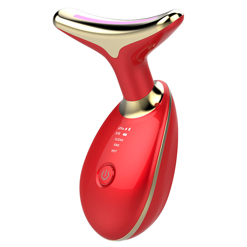 EMS neck massager, red body with gold head trim and pink LED strip