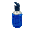 Blue massage water bottle front view with textured body and flip spout cap