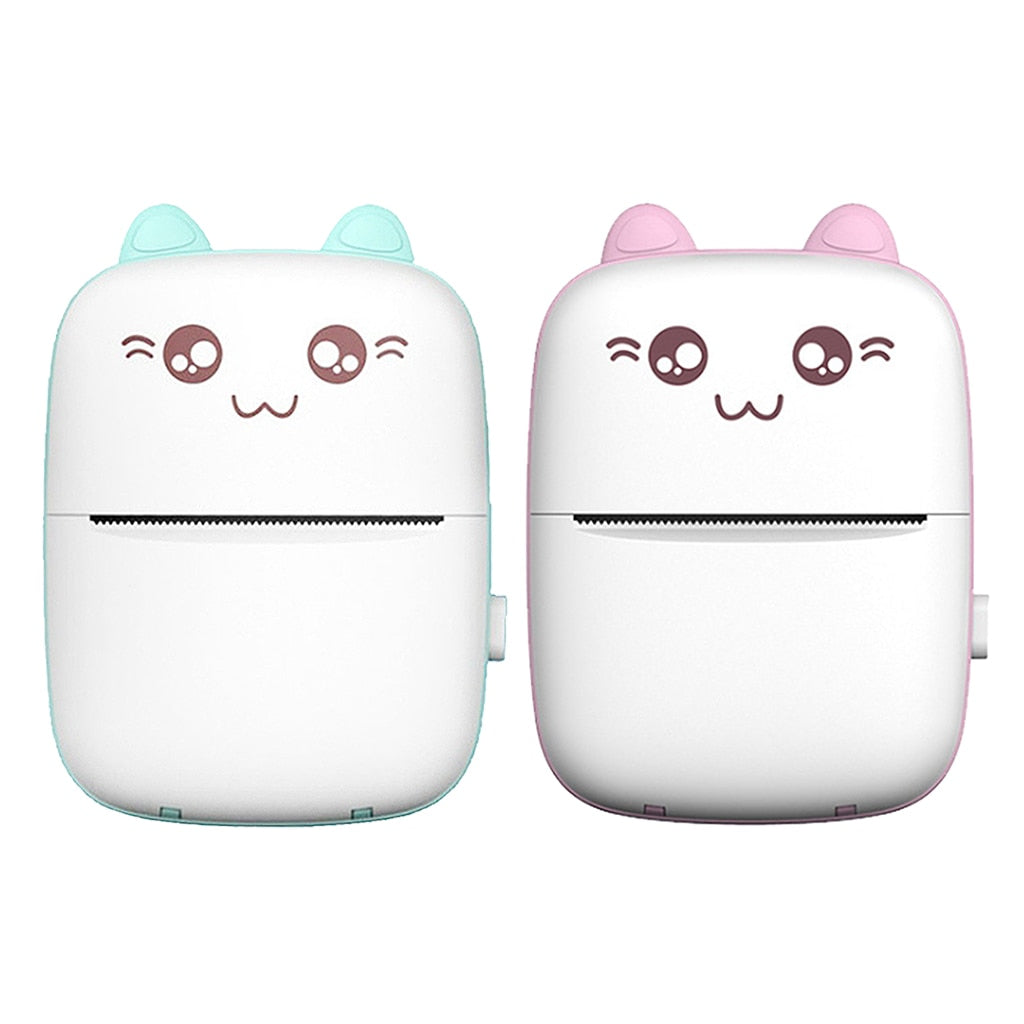 Mini label printers with cat face, mint and pink white bodies, paper slots visible