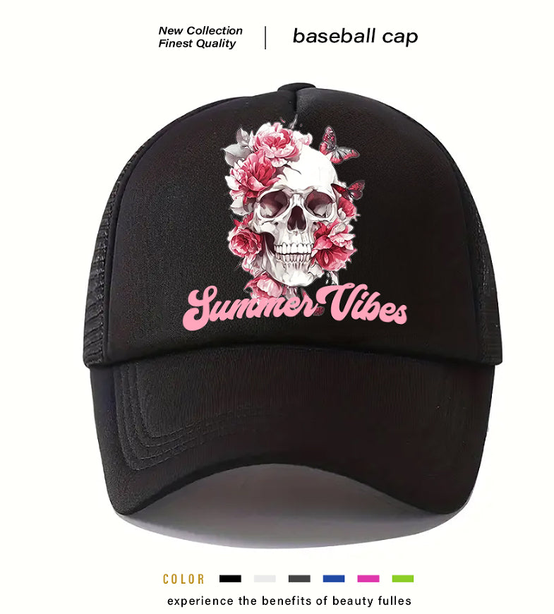 Men's casual baseball cap with skull floral graphic on black front panel and curved brim