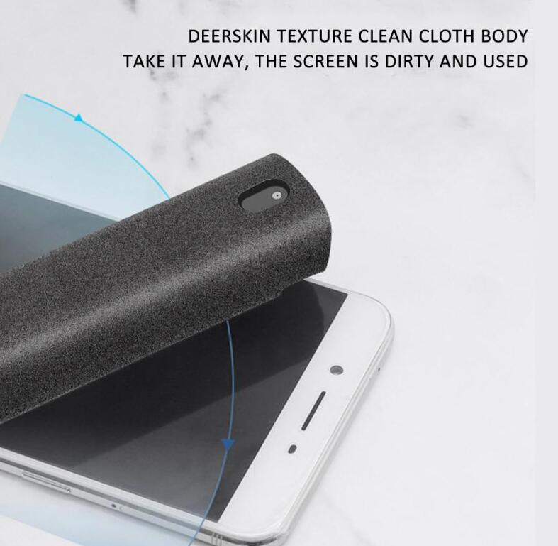 Gray microfiber screen cleaner cloth body attached to a handheld spray bottle