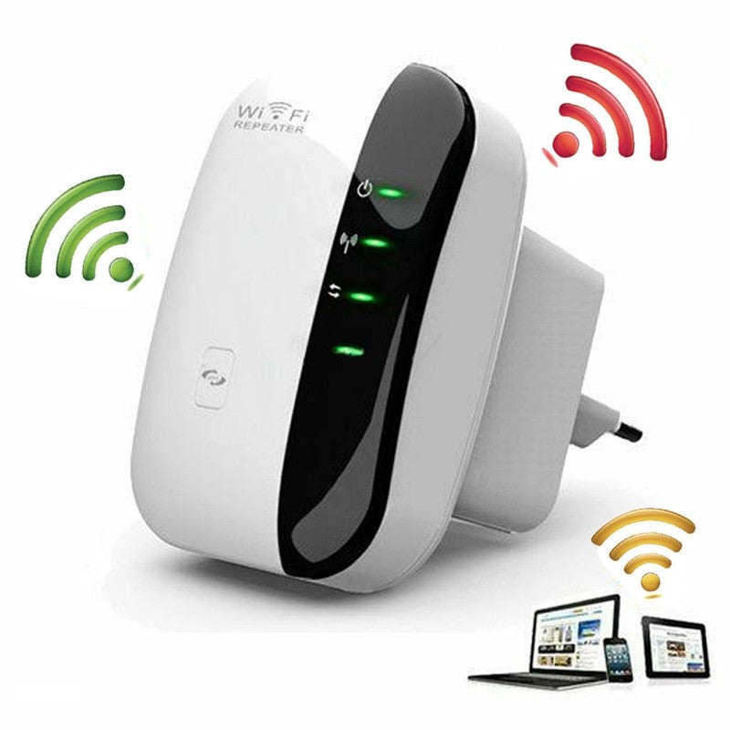 WiFi repeater plug-in extender, white body with black front and green LED indicators