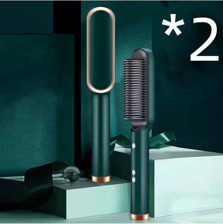 2-in-1 hair straightener hot comb electric hair brush, green handle and comb