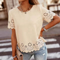 Apricot crew-neck short-sleeve T-shirt with hollow-out embroidered scalloped hemline