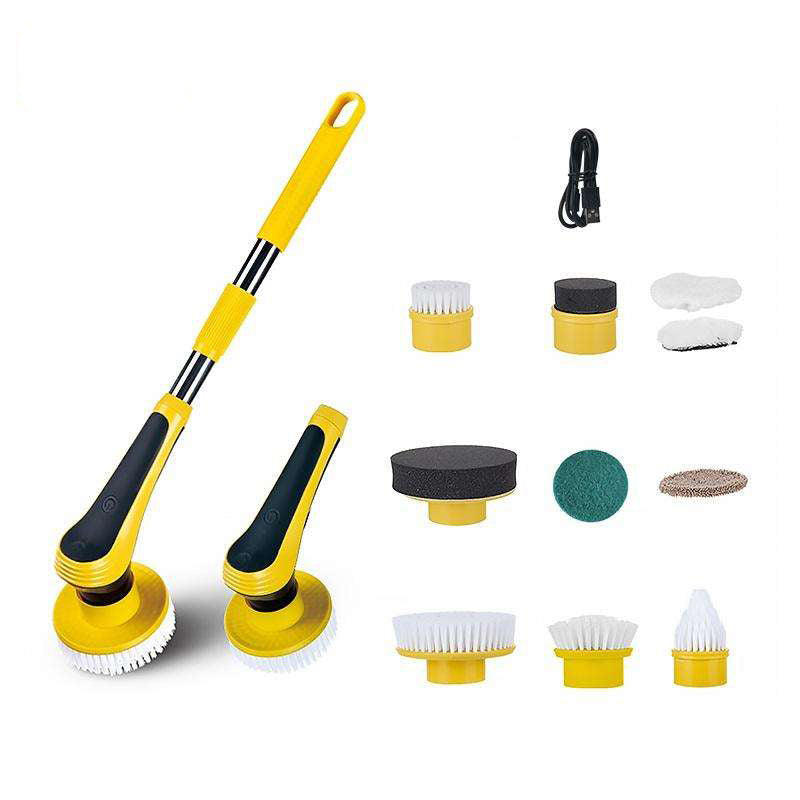 Electric cleaning brush kit with two handles, multiple round heads in white, green and gray