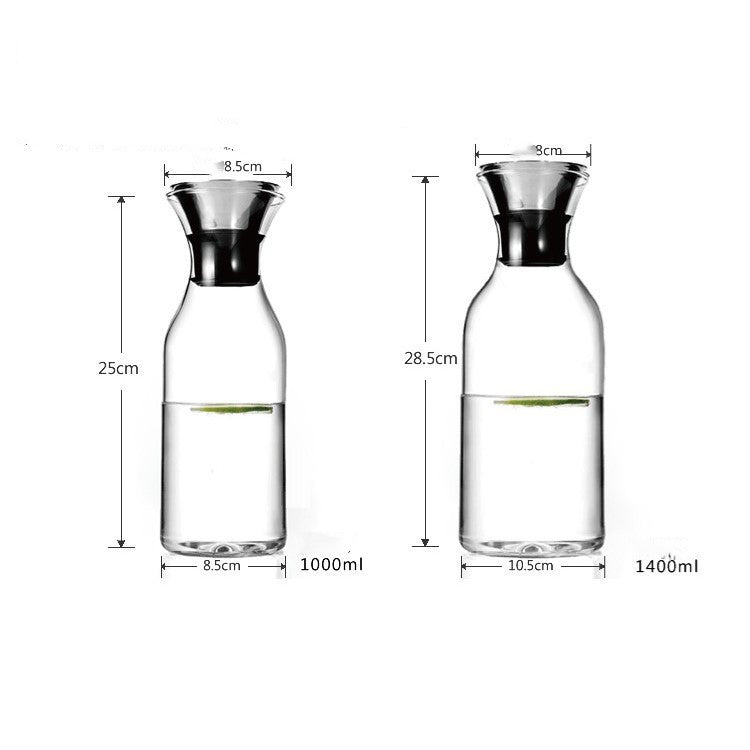 Clear glass bottle pair with black top collar; size labels for 1000ml and 1400ml